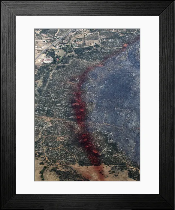 Framed Print : An aerial view of a strip of fire retardant near Yarnell, Arizona