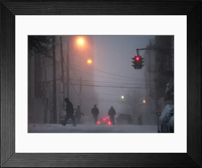 Framed Print : People walk across a snow covered street in Hoboken, New Jersey Framed Print : People walk across a snow covered street in Hoboken, New Jersey