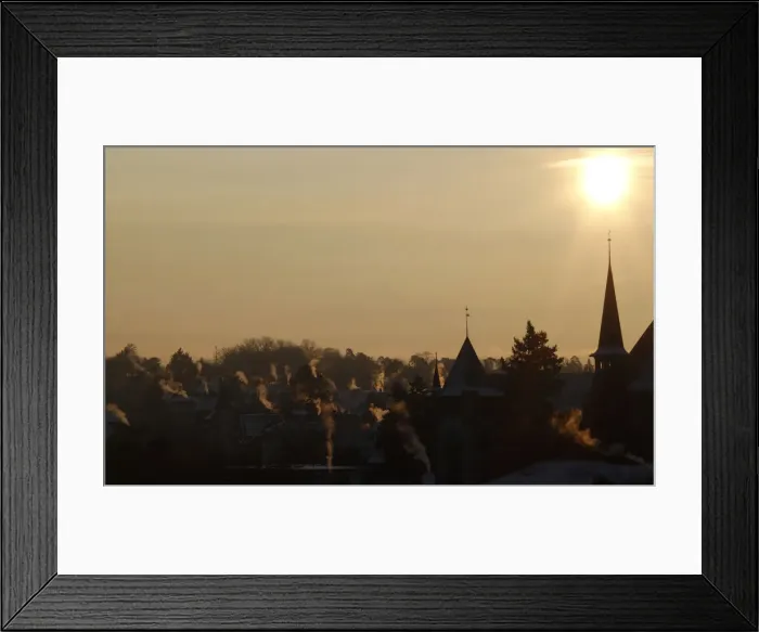 Framed Print : Smoke rises out of chimneys in the early morning in downtown Bern Framed Print : Smoke rises out of chimneys in the early morning in downtown Bern