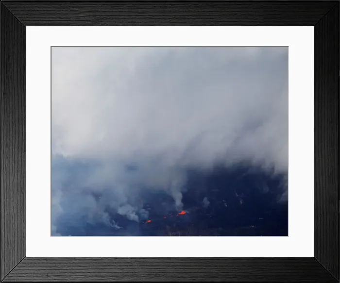 Framed Print : As lava shoots out of a fissure, volcanic gases rise high into the sky over the Leilani