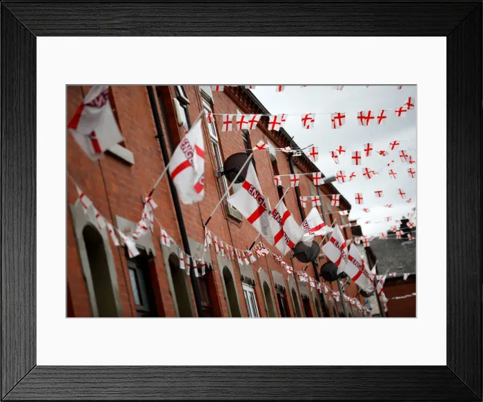 Framed Print : Wales Street in Oldham is temporarily renamed by its residents as England Street as they