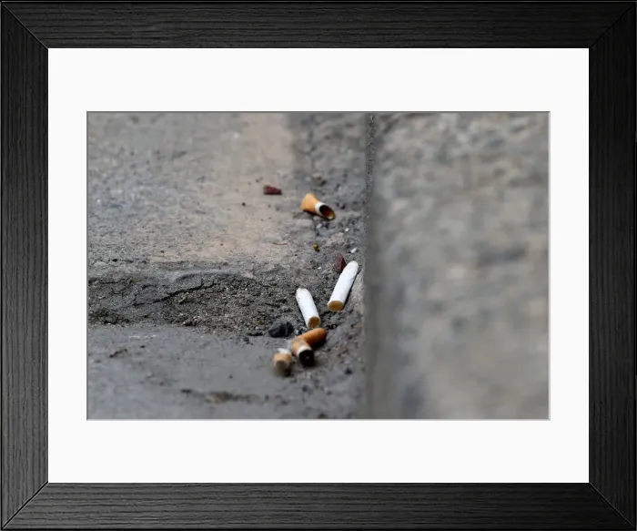 Framed Print : Cigarette butts litter the street in Rochefort Framed Print : Cigarette butts litter the street in Rochefort