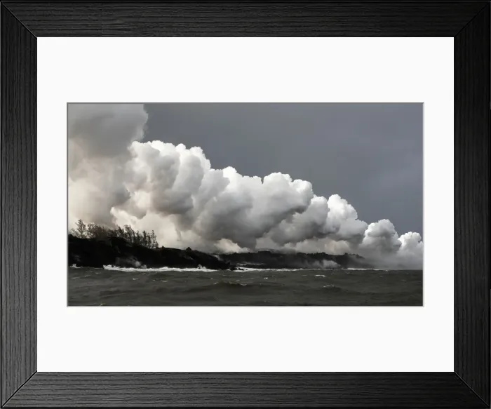 Framed Print : Laze rises where the lava hit the ocean during the eruption of the Kilauea Volcano near Framed Print : Laze rises where the lava hit the ocean during the eruption of the Kilauea Volcano near