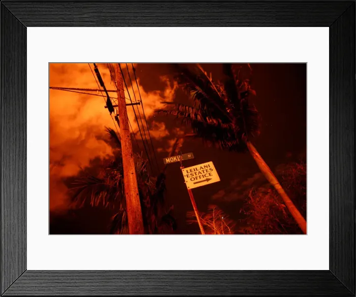 Framed Print : Lava illuminates a sign in Leilani Estates Framed Print : Lava illuminates a sign in Leilani Estates