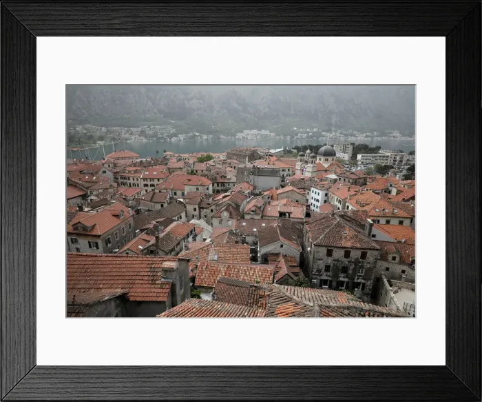 Framed Print : The bay and the old town of Kotor is seen from a hill in Montenegro Framed Print : The bay and the old town of Kotor is seen from a hill in Montenegro