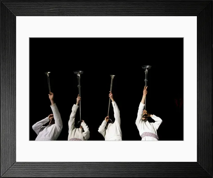 Framed Print : Orthodox Jewish men blow trumpets during a reenactment ceremony of the Passover sacrifice
