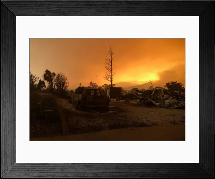 Framed Print : A blackened landscape is shown from wildfire damage near Keswick, California Framed Print : A blackened landscape is shown from wildfire damage near Keswick, California