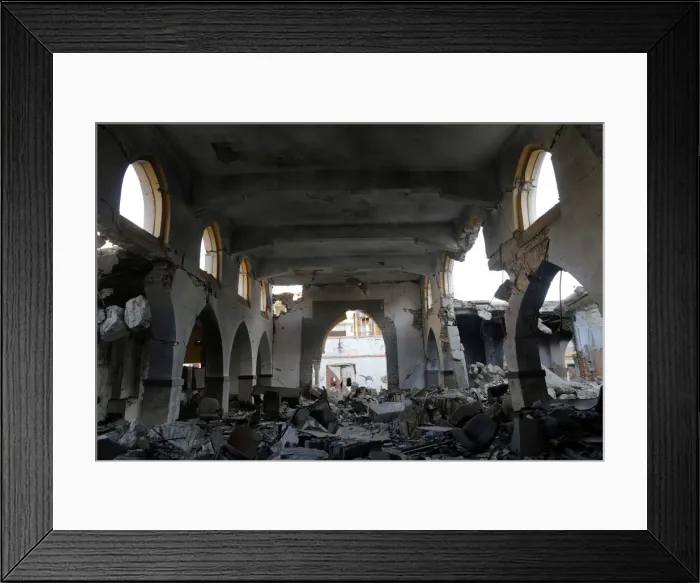 Framed Print : Historic building, that was ruined during a three-year conflict, is seen in Benghazi