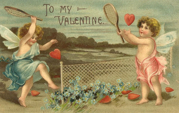 Two cherubs playing tennis with love hearts