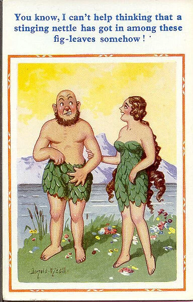 Comic postcard, Primitive couple in fig leaves