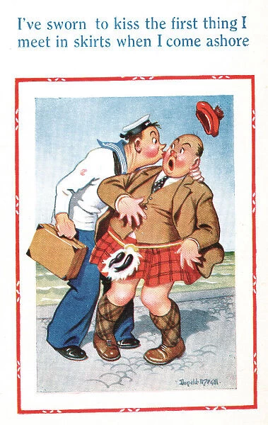 Comic postcard, Sailor and Scotsman, WW2 - kissing the first thing he meets in skirts