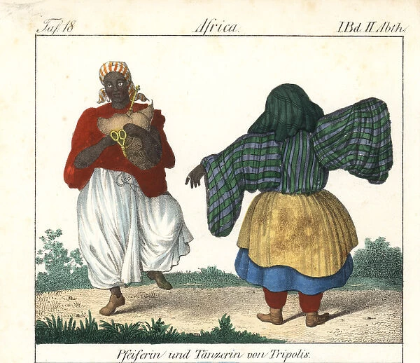 Costumes of Tripoli, Libya, bagpiper and a female dancer