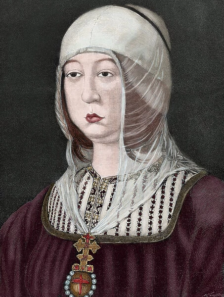 Isabella I of Castile (1451-1504). Engraving. Colored