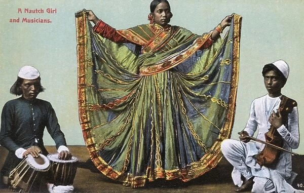 Nautch dancing girl and two musicians, India