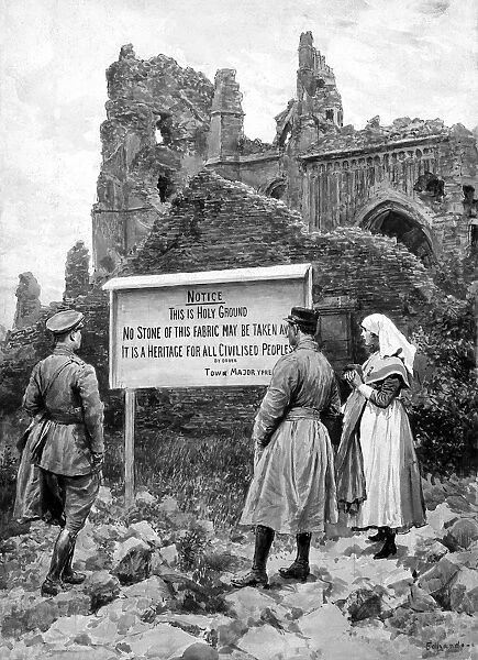 Notice by ruined church, Ypres, Belgium, WW1
