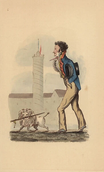 Parisian dandy with dog carrying a cane, circa 1815