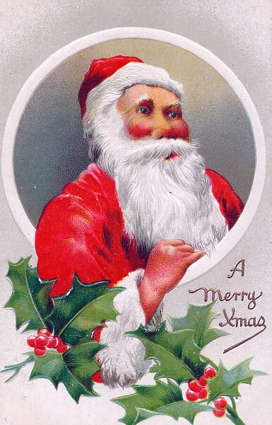 Santa Claus with holly on a Christmas postcard