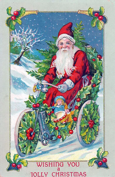Santa Claus on a motorbike on a Christmas postcard