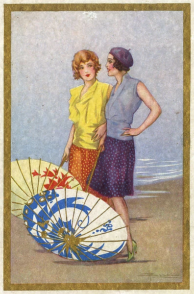 Two Stylish Belgian girls on the beach with Paper Umbrellas