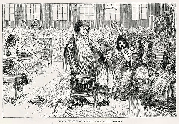 Unkempt girls receiving punishment from another older pupil at Field Lane Ragged School