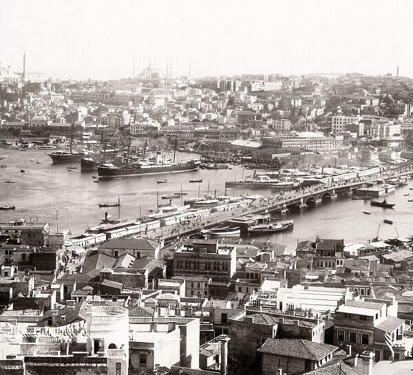 View of Istlanbul, Galata bridge shipping, Turkey, c. 1890