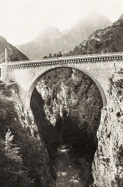 Vintage 19th century photograph - The Napoleon bridge, Luz Saint Sauveur, Hautes Pyrenees