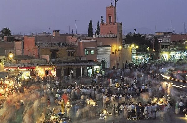 Elevated view over Djemaa el-Fna in the evening when the square is filled with food stalls, Marrakech (Marrakesh), Morocco, North Africa, Africa