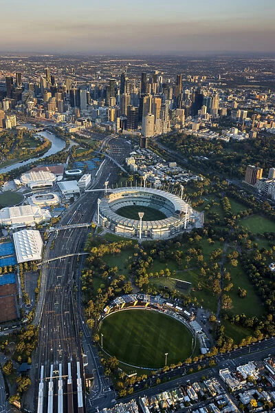 Aerial of central business district, Melbourne Cricket Ground, Melbourne, Victoria