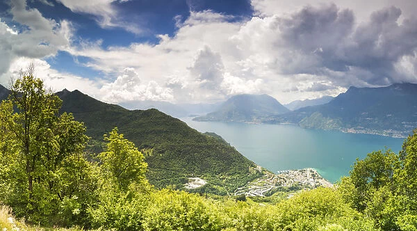 Panoramic of Bellano and Lake Como from the green hills of San Grato, Vendrogno, Lecco