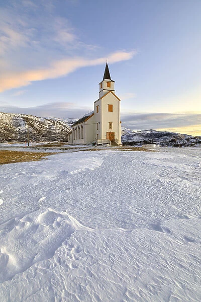 Typical church with Lyngen Alps, Mestervik, Troms county, Norway