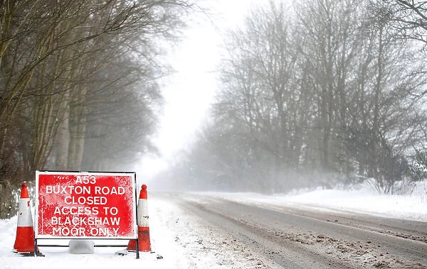 The A53 Buxton Road is closed due to heavy snow fall, near Leek