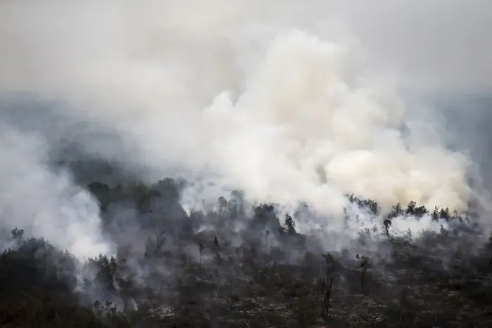 Framed Print : An aerial view of a burning forest at Ogan Komering Ulu area in Indonesias south Sumatra