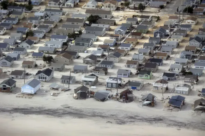 Framed Print : An aerial view of the damage around Atlantic City, New Jersey is seen in the aftermath of