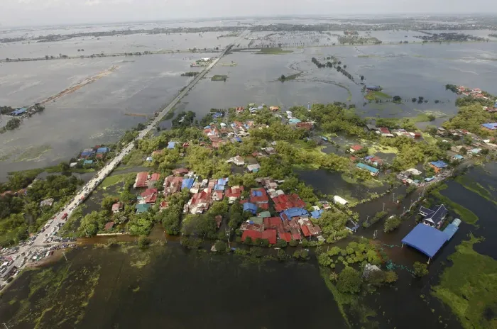 Framed Print : An aerial view of a flooded area in Ayutthaya province Framed Print : An aerial view of a flooded area in Ayutthaya province