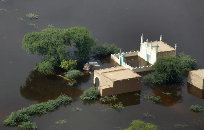 Framed Print : An aerial view of the flooded compound of a mosque in Pakistans Jafarabad district in Framed Print : An aerial view of the flooded compound of a mosque in Pakistans Jafarabad district in