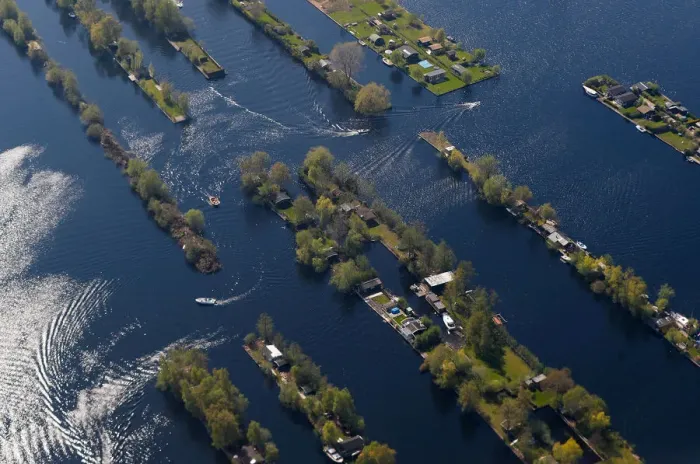 Framed Print : Aerial view of houses surrounded by water near Amsterdam Framed Print : Aerial view of houses surrounded by water near Amsterdam