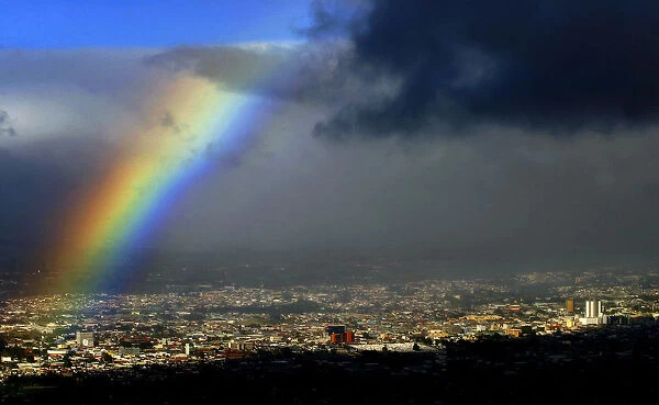 An aerial view of rainbow above San Jose City