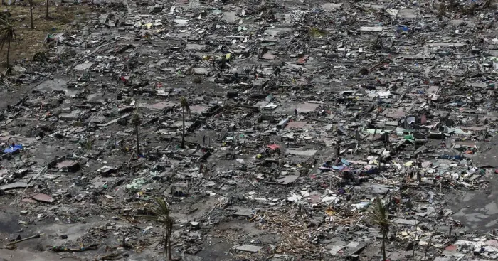 Framed Print : An aerial view of the ruins of houses after the devastation of super Typhoon Haiyan in Framed Print : An aerial view of the ruins of houses after the devastation of super Typhoon Haiyan in