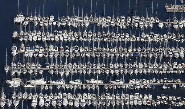 An aerial view shows boats moored in the Old Harbour of Marseille