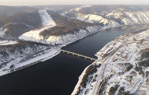 An aerial view shows a bridge of the R257 federal highway across the Yenisei River