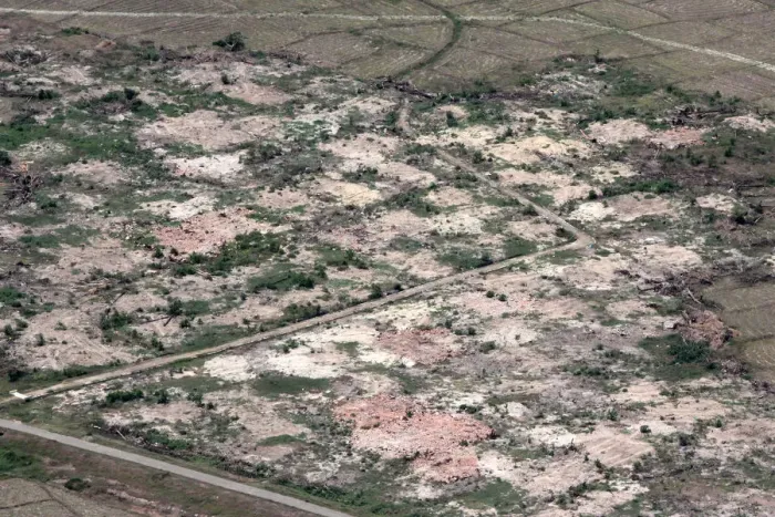 Framed Print : An aerial view shows burned down villages once inhabited by the Rohingya seen from