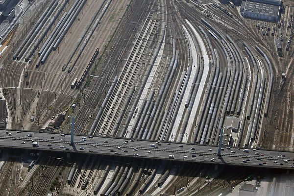 An aerial view shows cars driving over tracks at Austerlitz train station in Paris