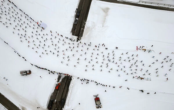 An aerial view shows cross-country skiers competing during 48th Engadin Ski Marathon