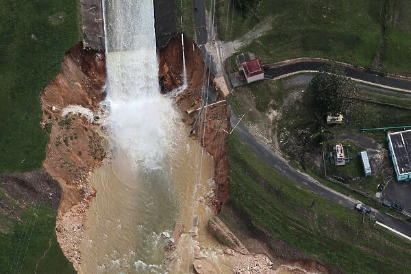 An aerial view shows the damage to the Guajataca dam in the aftermath of Hurricane Maria