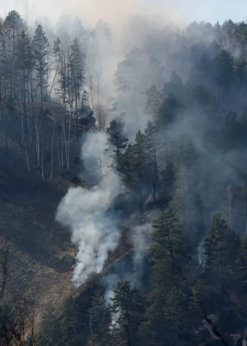 Framed Print : An aerial view shows a forest fire in the Siberian Taiga area outside Krasnoyarsk