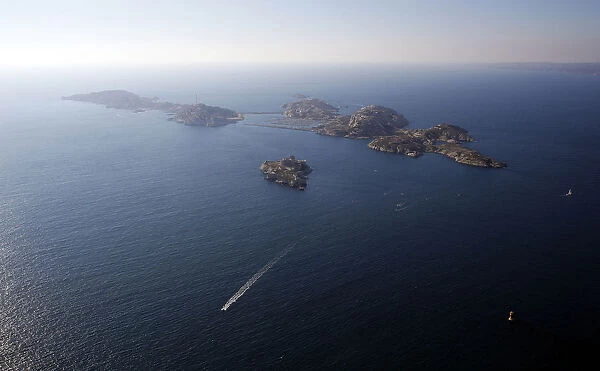 An aerial view shows the Frioul Islands in the Mediterranean Sea in the bay of Marseille