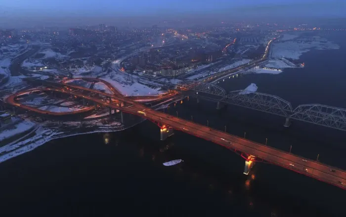 Framed Print : An aerial view shows the illuminated Nikolaevsky highway bridge Framed Print : An aerial view shows the illuminated Nikolaevsky highway bridge