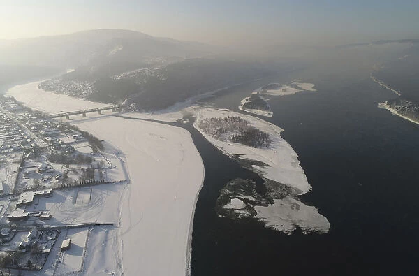 An aerial view shows the merge site of rivers, Yenisei and Mana
