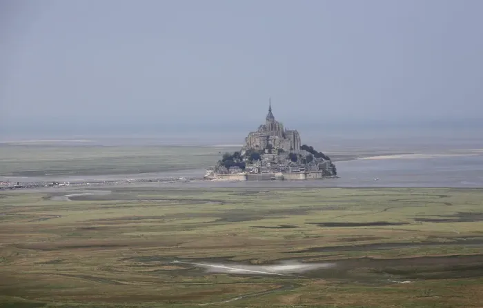 Framed Print : Aerial view shows the Mont Saint-Michel during the 32 km individual time trial eleventh