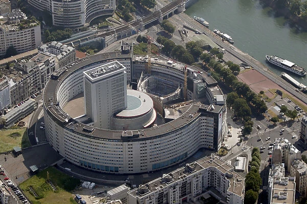 An aerial view shows the National French Radio building next to the Seine River in Paris